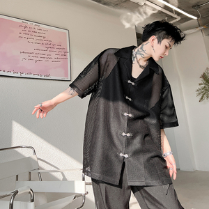 复古中式盘扣超薄短袖网纱男发型师高级感衬衣罩衫夏季透气防晒衣