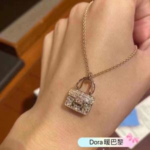 hermes/爱马仕康康锁头项链 18k玫瑰金经典h字母满钻锁骨链女士