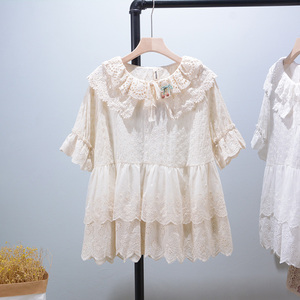 22夏新日韩森系甜美双层娃娃领套头宽松胖妹刺绣棉布娃娃衫上衣女