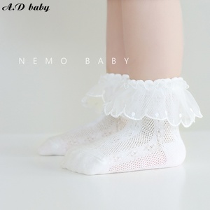 日本婴儿袜子薄款夏季女童袜子精梳棉儿童网眼袜蕾丝花边宝宝百天