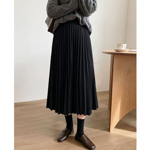 百褶裙女秋冬2020新款黑色半身裙高腰a字长裙显瘦毛呢中长款裙子