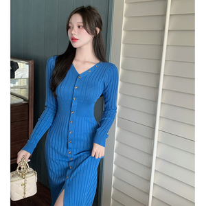 抖音一栗小莎子同款蓝色战衣战袍针织螺纹收腰薄款长袖开衫连衣裙