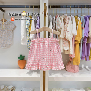 韩国23年夏款女宝宝童装粉紫色格子薄款背心吊带可爱甜美裙上衣