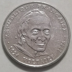 法国1994年5法郎 伏尔泰诞辰300周年人物纪念币铜镍硬币 29mm 10g