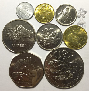 稀少 塞舌尔1977-1982年1-5-10-25-50分-1-5-10卢比8枚一套硬币fk