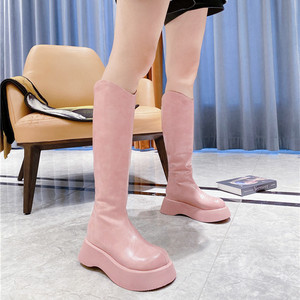 欧洲站大头不过膝靴长筒靴拉链马丁靴机车靴显瘦松糕厚底女粉色鞋