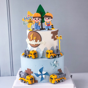 烘焙蛋糕装饰儿童生日周岁卡通男孩工程车挖土机路障吊塔玩具摆件