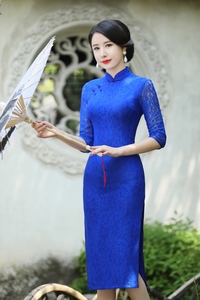 华之韵夏季新款优雅修身气质时尚中袖中国风蕾丝旗袍连衣裙