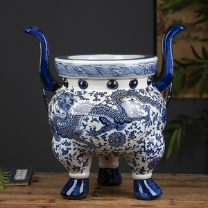 景德镇陶瓷寺庙香炉佛堂双耳三足摆件大号中式青花瓷双龙戏珠拜佛