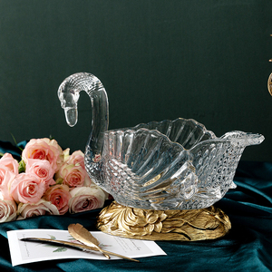 欧式天鹅水晶玻璃水果盘现代客厅茶几家用黄铜零食糖果碗结婚摆件