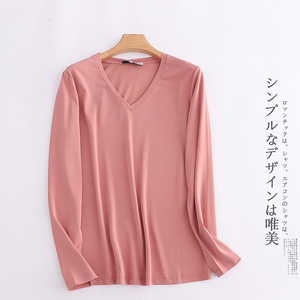 【植物纤维 精品单】h19女士t恤春夏新款纯色宽松v领套头长恤上衣