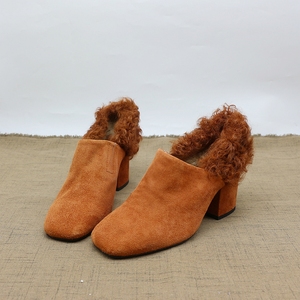 羊毛 垫脚兔毛 时尚休闲羊反绒套脚真皮鞋真毛粗跟方头新款单鞋女