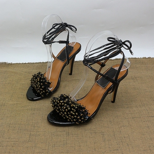 外贸时尚牛漆皮休闲鞋露趾高跟鞋细跟性感水钻真皮单鞋女羊皮垫脚