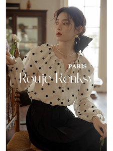 法国Rouje Renksy法式波点大翻领天丝长袖衬衫女春高级感气质衬衣