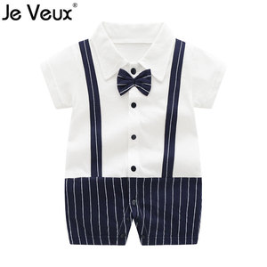 宝宝夏装纯棉0-1岁男婴儿连体衣服潮满月绅士周岁西装礼服套装薄