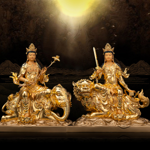 紫竹莲纯铜文殊菩萨摆件普贤菩萨摆件坐像佛像带坐骑神像华严三圣