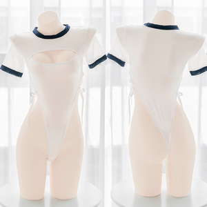 透视元气体操服配色开胸镂空绑带连体衣短袖性感高叉纯欲微闪内衣