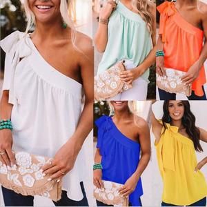 one shoulder sexy tops速卖通欧美夏季性感纯色斜肩无袖系带上衣