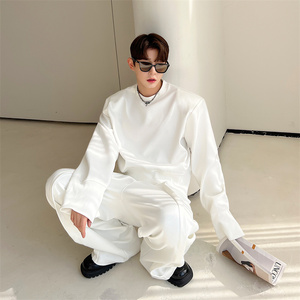 韩版高级感痞帅休闲运动套装男卫衣西裤两件套白色垫肩廓形设计感
