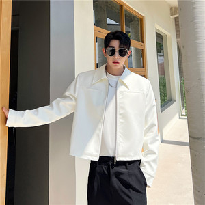 2024春季新款韩版潮流个性双头拉链短款夹克外套男白色上衣高级感