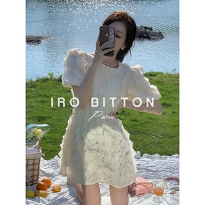 IRO BITTON法式小香风雪纺纱连衣裙女设计感立体花瓣泡泡袖短裙子