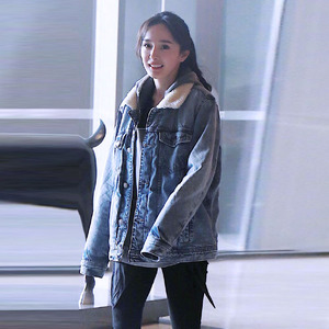 冬装新款明星杨幂同款加棉加厚牛仔外套女宽松复古羊羔毛棉衣夹克