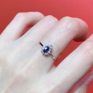 艾米尔天然蓝宝石戒指简约百搭轻奢珠宝镶钻925银镀18k金女戒开口