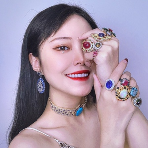 艾米尔【印度珠宝直播】天然祖母绿红宝石钻石欧泊碧玺项链吊坠女