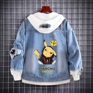春秋新款皮卡丘联名衣服男女童神奇宝贝动漫周边牛仔外套连帽大码
