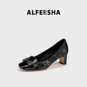 阿芙莎联名款3320686新款时尚中国风墨竹一字跟单鞋方头高跟鞋B