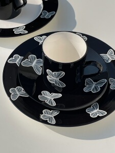 [yuruui设计师]景德镇手绘黑色蝴蝶 陶瓷杯碟套组/餐盘 家用餐具