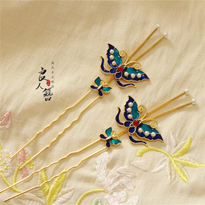 扑棱蛾子颤须发簪汉服蝴蝶颤钗仿点翠烧蓝簪子故宫发钗头饰影视道