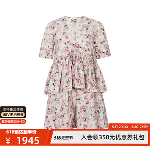 GANNI 24春夏季新款女士V领印花通勤收腰短袖连衣裙银泰百货精品