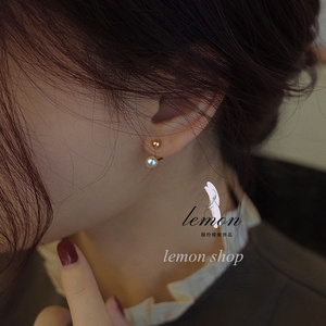 韩国代购高级设计感金珠豆豆纯银14K金耳钉女珍珠耳环新款耳饰ins