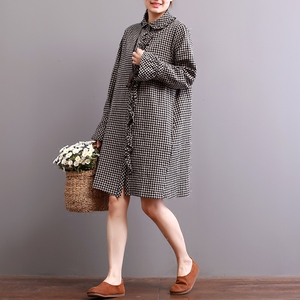 素品 文艺范格子长袖中长裙春装新款宽松裙木耳边衬衫连衣裙女装