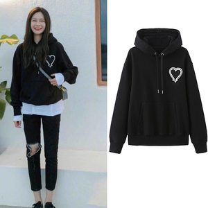 明星沈梦辰同款ami爱心刺绣连帽卫衣女加绒2021秋冬宽松情侣上衣
