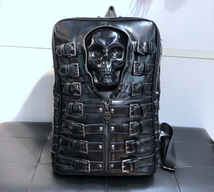 欧美时尚休闲男女真皮双肩背包个性骷髅铆钉背包书包电脑包旅行包