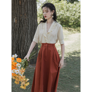 夏季女装衬衫搭配半身裙港风复古chic轻熟风80年代90裙子两件套装