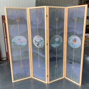 实木半透纱屏风隔断玄关售楼处高端定制图案家居风水移动折叠屏风
