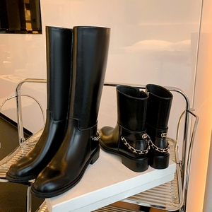 chanel/香奈儿女鞋真皮长靴女粗跟骑士靴侧拉链中跟高筒靴马丁靴