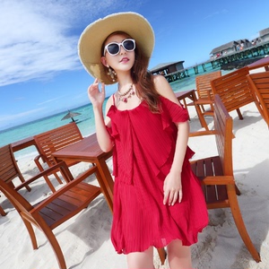 2019新款红色雪纺沙滩裙海边度假短裙宽松显瘦海滩裙连衣裙女吊带