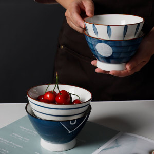 日式手绘釉下彩陶瓷高脚碗斗笠碗单个饭碗小饭碗创意家用前菜碗