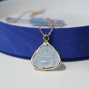 jc新品天然a货冰种翡翠佛公吊坠绿蛋扣头配钻石18k金生日礼物