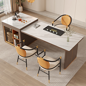 轻奢岛台茶桌一体式多功能办公室接待桌可伸缩家用岩板茶桌椅组合