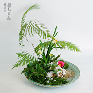 万古烧高脚螺纹盘花器禅意中式日式插花器皿立花陶瓷花盘2人付款298