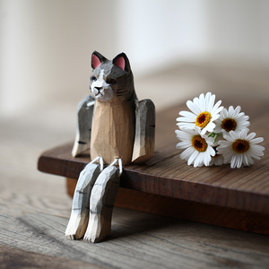 手工雕刻木雕猫咪摆件可爱小动物木质小玩意木制桌面礼物工艺品