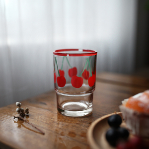 日式复古樱桃玻璃杯牛奶杯早餐杯果汁杯咖啡杯饮料杯水杯杯子家用
