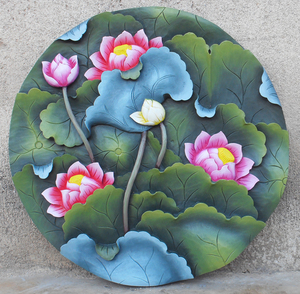 家装植物装饰画送礼杜鹃木云南丽江纳西东巴木雕荷花彩色浮雕包邮