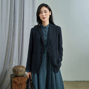 经典款亚麻抽绳西装外套女qtu春装新款高级感百搭休闲西服w3429-p