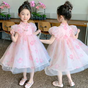 女童连衣裙夏季2024新款儿童洋气玫瑰花公主裙女孩新中式国风裙子